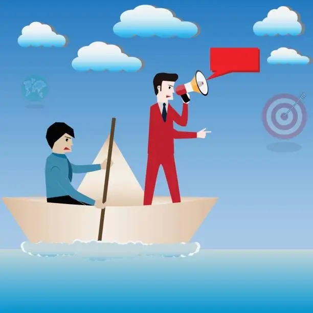 Vector illustration of Business success concept,Businessman sitting on paper boat and boss in red suit with electronic megaphone - vector Illustration