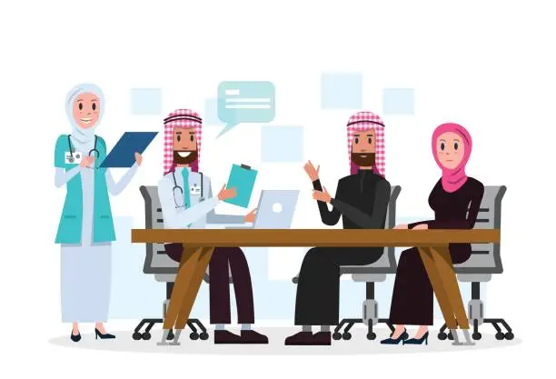 Vector illustration of Arab doctor talking with patient in the hospital.