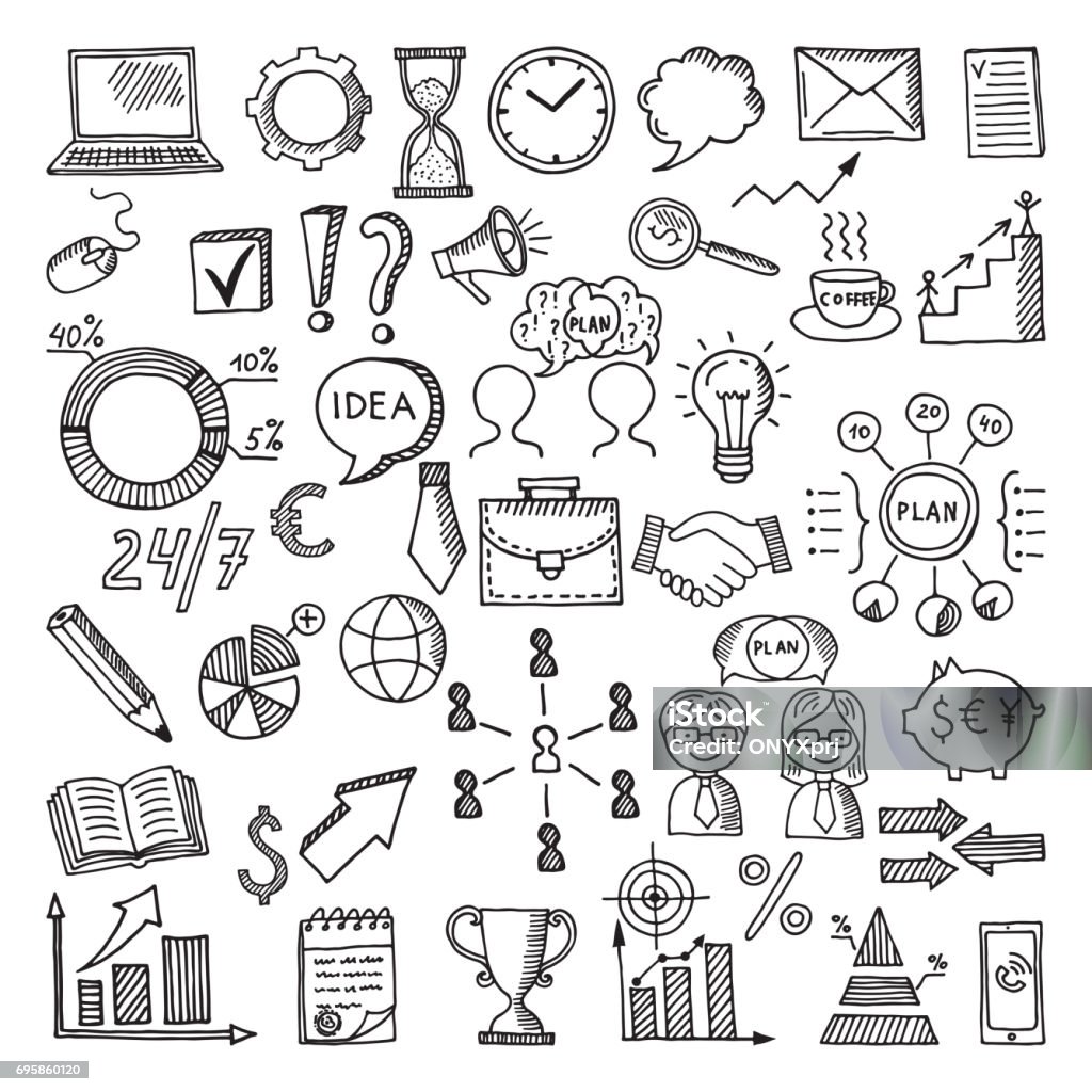Hand drawn business icon set. Vector doodles illustrations isolate on white background Hand drawn business icon set. Vector doodles illustrations isolate on white background. Sketch business time management, strategy and communication Drawing - Activity stock vector