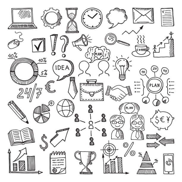 Hand drawn business icon set. Vector doodles illustrations isolate on white background Hand drawn business icon set. Vector doodles illustrations isolate on white background. Sketch business time management, strategy and communication plan document stock illustrations