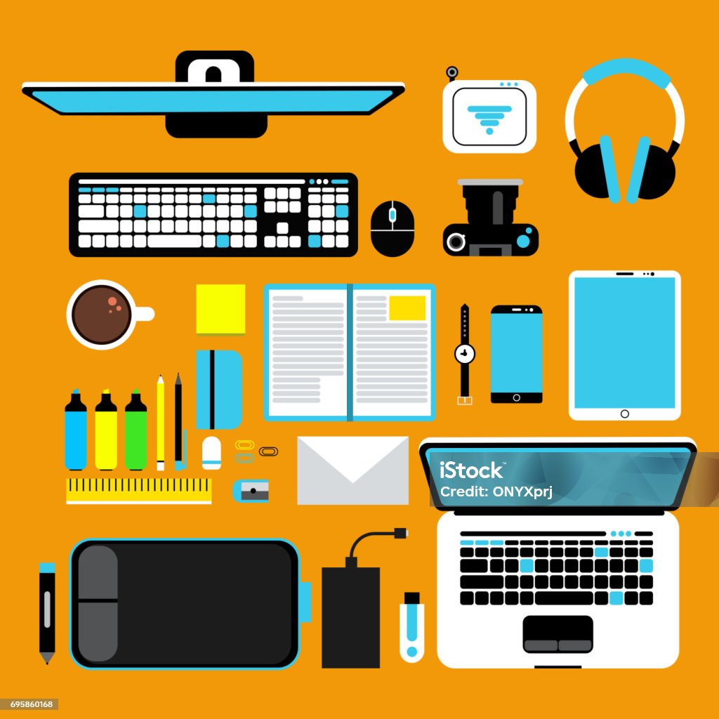 Computer Gadgets Top View Vector Promotional Pictures Set In Flat Style ...