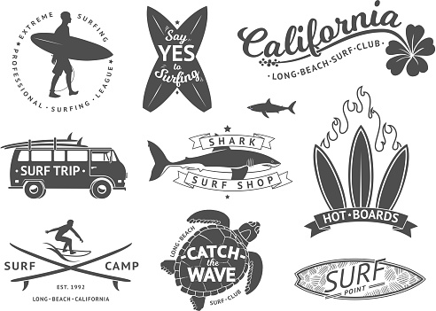 Surf boards emblem and badges vector set. Signs and elements for summer labels design. Ocean surfing label, illustration of summer surfing badge