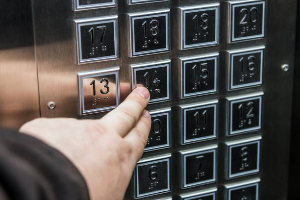 istock hand presses the button on the floor selection 695866424