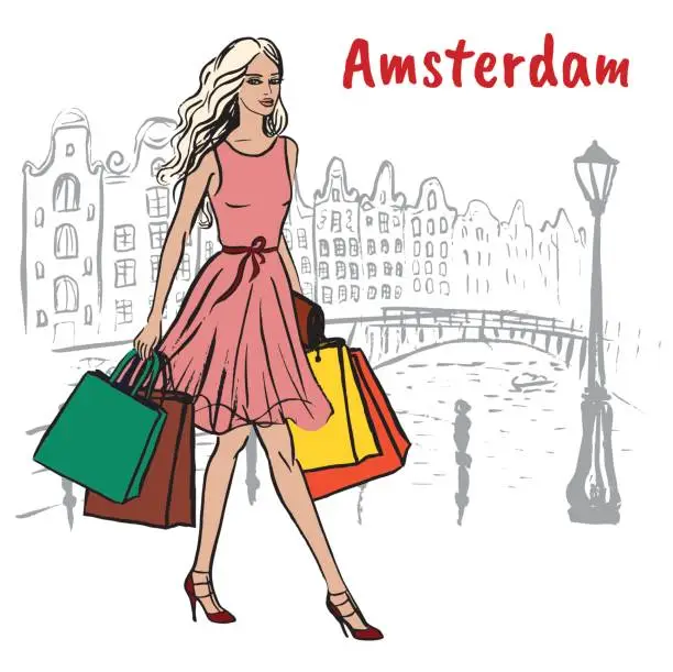 Vector illustration of woman with shopping bags