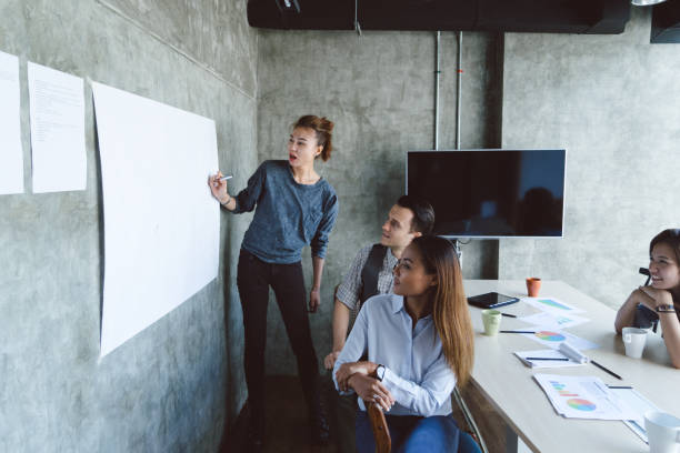 istock Female entrepreneur doing presentation in office boardroom 695870516