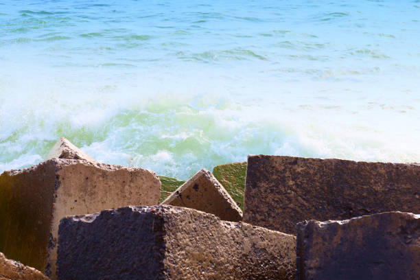 landscape background of blue sea waves hitting on the rocks