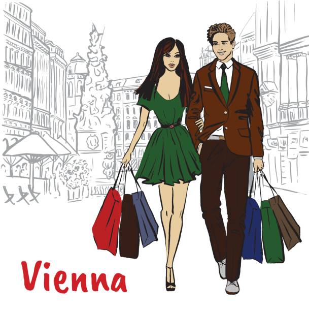 Couple in Vienna Woman and man with shopping bags in Vienna, Austria. Hand-drawn illustration. Fashion sketch graben vienna stock illustrations