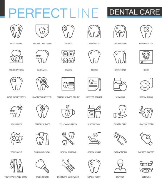 Dental care thin line web icons set. Outline stroke icons design. Dental care thin line web icons set. Outline stroke icon design orthodontic logos stock illustrations