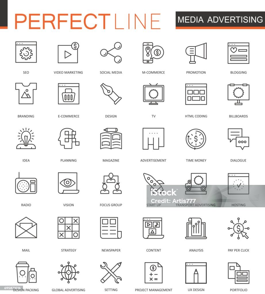 Media Advertising thin line web icons set. Outline stroke icons design. Media Advertising thin line web icons set. Outline stroke icon design Advertisement stock vector