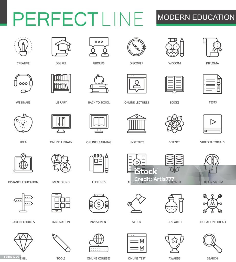 Modern education thin line icone web set. Progettazione delle icone dei tratti del contorno della formazione video online. - arte vettoriale royalty-free di Icona