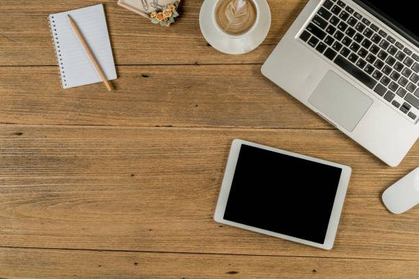 istock Top view of Office desk 695879944