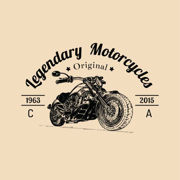 Vector vintage legendary motorcycles poster. Biker store icon, MC sign. Vintage illustration of hand drawn classic chopper Vector vintage legendary motorcycles poster. Biker store icon, MC sign. Vintage illustration of hand drawn classic chopper in ink style for custom garage banner. motorcycle drawings stock illustrations