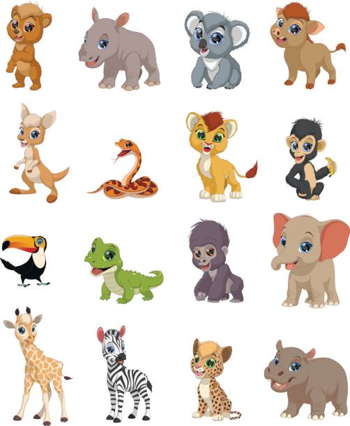 ilustraciones, imágenes clip art, dibujos animados e iconos de stock de animales divertidos niños - cartoon giraffe young animal africa