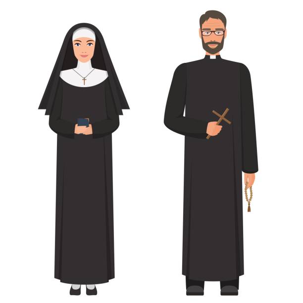 ilustraciones, imágenes clip art, dibujos animados e iconos de stock de sacerdote y monja. ilustración de vector de dibujos animados plana. - nun praying clergy women