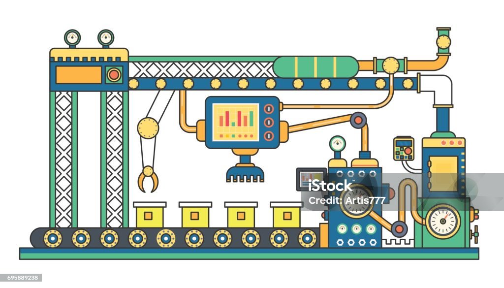 Industrial Conveyor Belt Machine And Manufacture Machinery Factory Flat  Line Vector Illustration Stock Illustration - Download Image Now - iStock