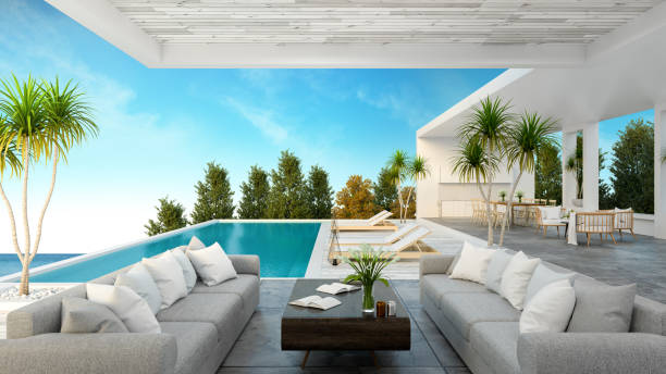 una moderna casa sulla spiaggia, piscina privata, cielo panoramico e vista sul mare, rendering 3d - entertainment center immagine foto e immagini stock