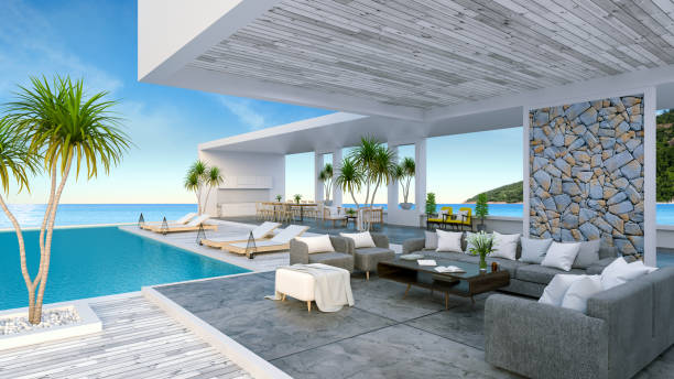 istock A Modern Beach House,  private swimming pool ,panoramic sky and sea view , 3d rendering 695889838