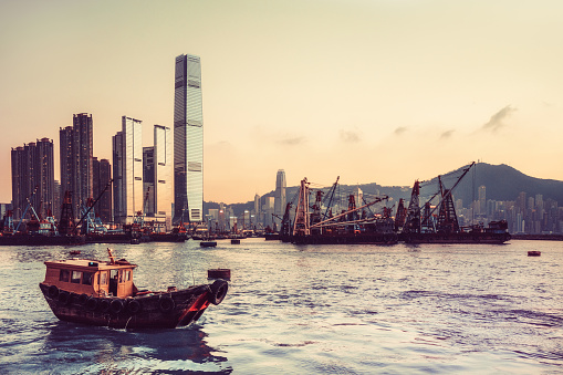 Hong Kong skyline and fishing boats