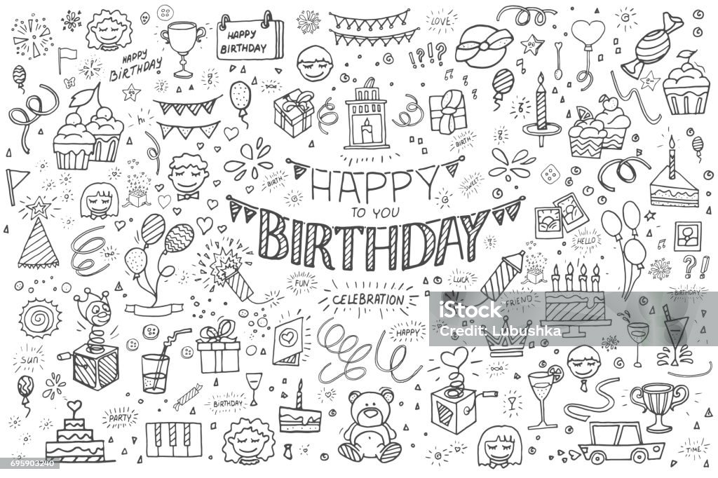 Happy birthday hand drawn abstract Happy birthday hand drawn vector illustration. Party and celebration design balloon, gifts, fireworks, ribbon, confetti, cake drinks Party Hat stock illustration