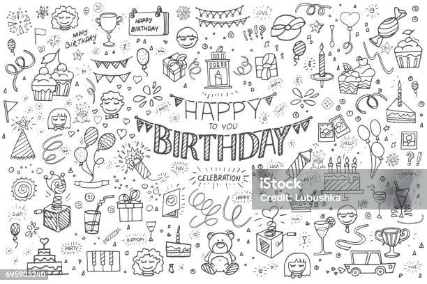 Happy Birthday Hand Drawn Abstract Stock Illustration - Download Image Now - Party Hat, Drawing - Activity, Drawing - Art Product