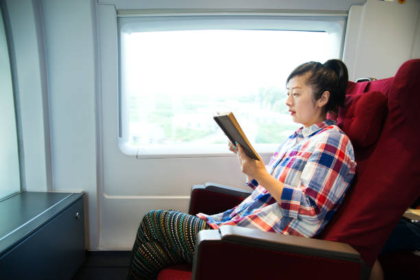 istock Young woman reading book on a train 695904258