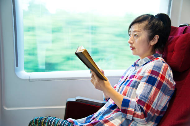 istock Young woman reading book on a train 695904416