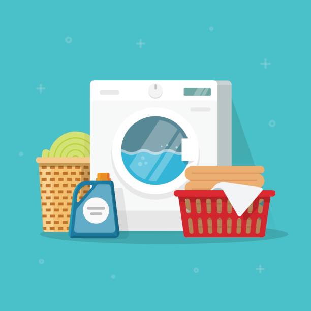 máy giặt với quần áo giặt và minh họa vectơ vải trải giường, máy giặt kiểu thùng carton phẳng với giỏ quần áo và chất tẩy rửa, khái niệm clipart làm việc nhà trong nhà - máy giặt hình minh họa sẵn có