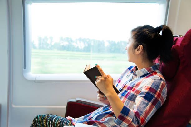 istock Young woman reading book on a train 695904648