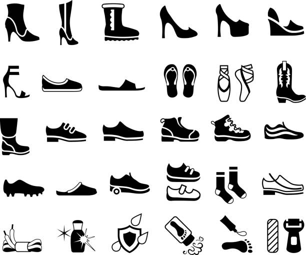 Shoes, Footwear and Foot Care Icons Single colour black icons of shoes and foot care products flat shoe stock illustrations