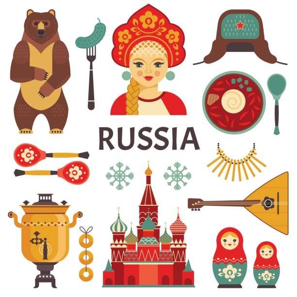 russland-symbole festgelegt. - russian nesting doll illustrations stock-grafiken, -clipart, -cartoons und -symbole