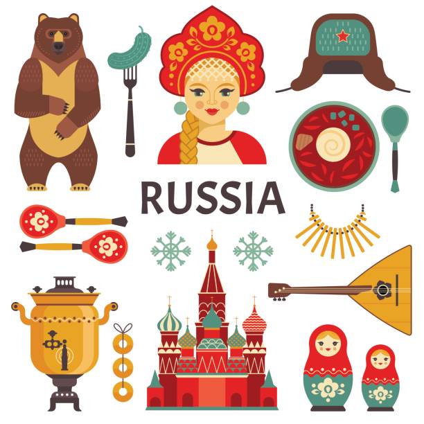 illustrazioni stock, clip art, cartoni animati e icone di tendenza di set di icone della russia. - traditional culture immagine