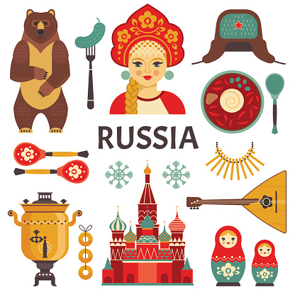 Vector collection of Russian culture and nature images, including St. Basil's Cathedral,  russian doll, balalaika, borsch, portrait of Russian beauty in kokoshnik. Isolated on white.