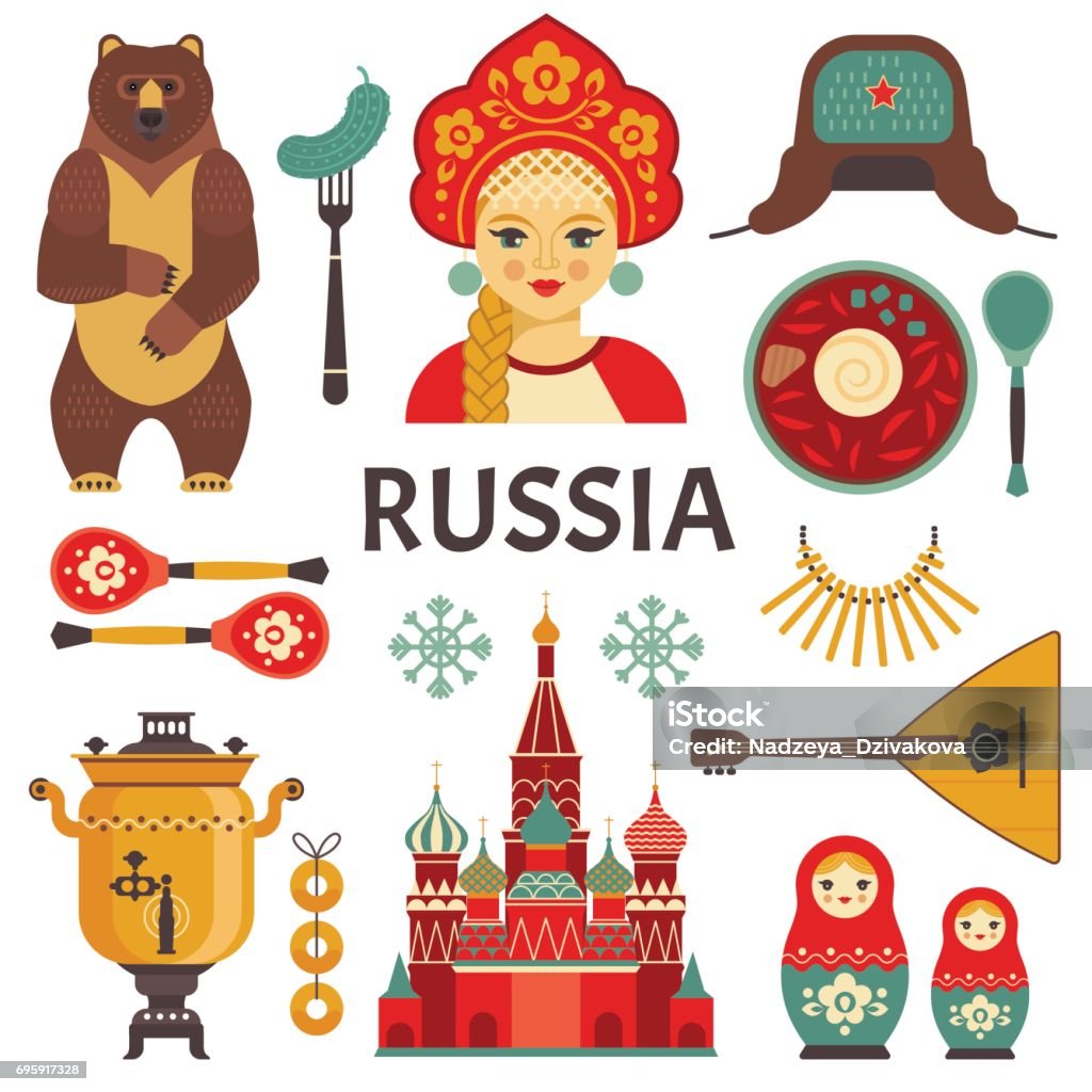 Russia icons set. Vector collection of Russian culture and nature images, including St. Basil's Cathedral,  russian doll, balalaika, borsch, portrait of Russian beauty in kokoshnik. Isolated on white. Russia stock vector