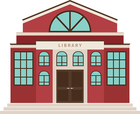 Red library cartoon building icon for city design. Vector illustration