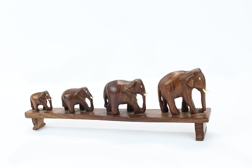 Maple and bamboo carved Indian elephants walking in a row