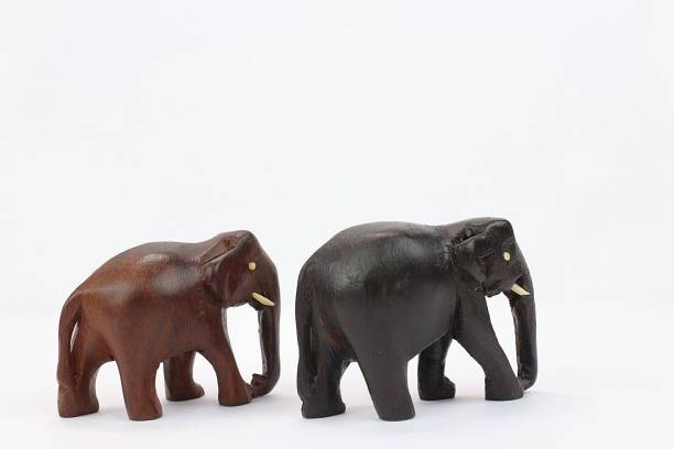 istock hand carved wooden elephants standing isolated on white background 695924908