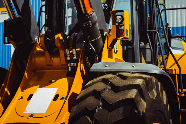 istock Caterpillar tractor at the exhibition 695925158