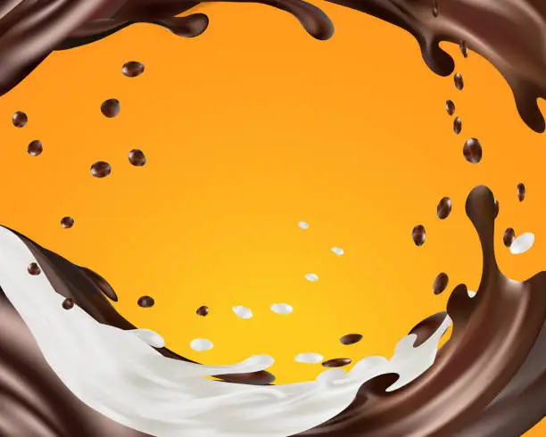 Vector illustration of Milk and chocolate splashes vector isolated over orange background. pouring liquid or milkshake falling with drops and blots. 3d illustration.