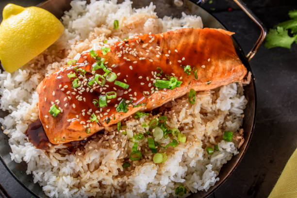 Delicious Salmon Steak and rice with Teriyaki Sauce