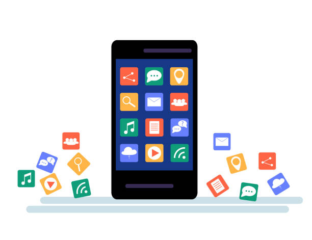 istock Black Smartphone with cloud of application icons and  Apps icons flying around them, isolated on White background. 695928328