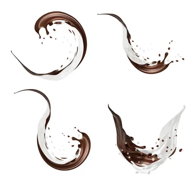 Vector illustration of Milk and chocolate splashes vector isolated over white background. pouring liquid or milkshake falling with drops and blots. 3d illustration.