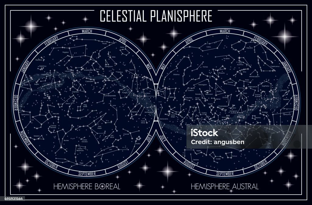 celestial planisphere map of the celestial planisphere and the constellations Map stock vector