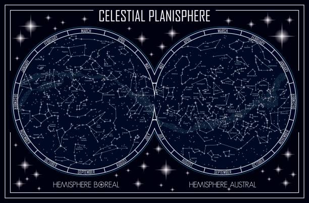 celestial planisphere map of the celestial planisphere and the constellations starry sky telescope stock illustrations