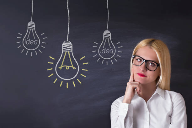 istock Business woman with hanging light bulb 695932178