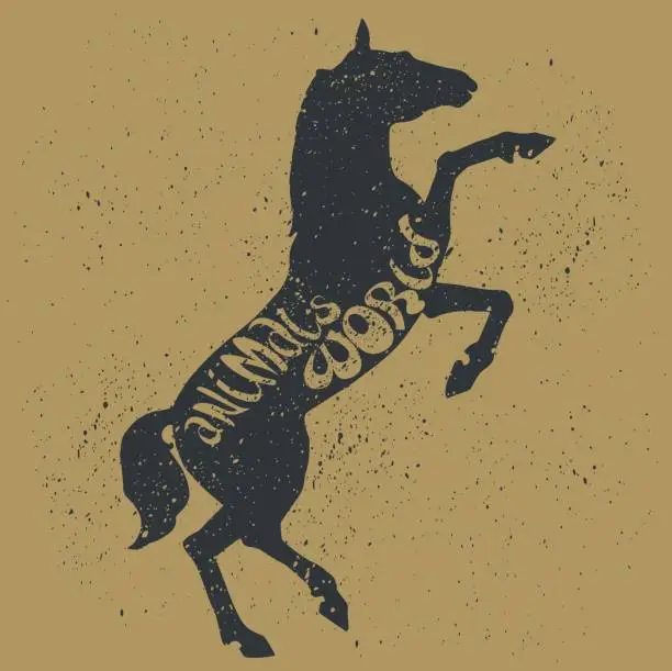 Vector illustration of Race Horse. Grunge Style with Ink splashes texture. Black Silhouette with lettering 