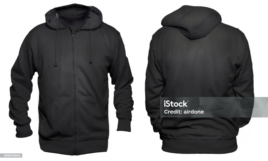 Black Hoodie Mock up Blank sweatshirt mock up template, front, and back view, isolated on white, plain black hoodie mockup. Hoody design presentation. Jumper for print. Blank clothes sweat shirt sweater Black Color Stock Photo
