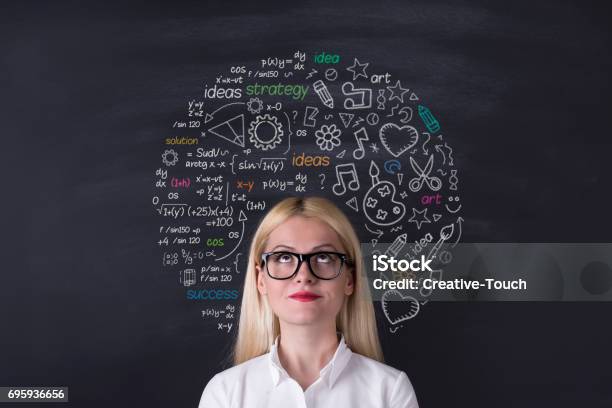 Business Woman Brain Hemisphere On The Blackboard Stock Photo - Download Image Now - Intelligence, Contemplation, Women