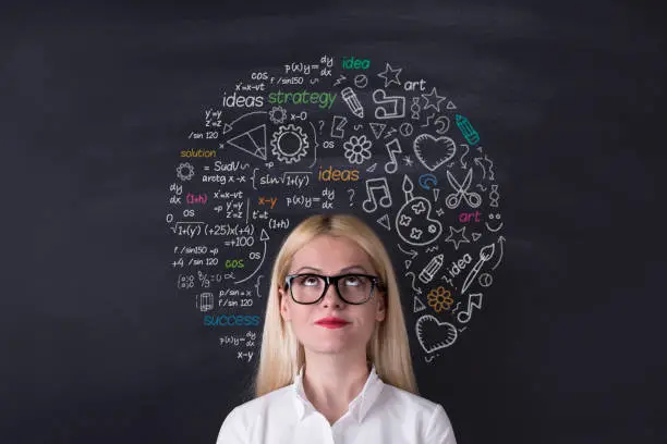 Photo of Business woman brain hemisphere on the blackboard