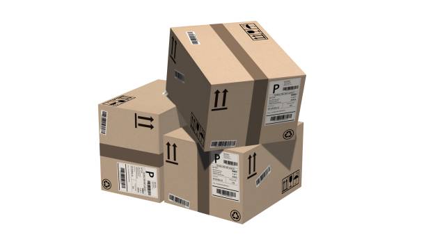 istock shipping cardboard boxes isolated on white - cardboard box 695940430