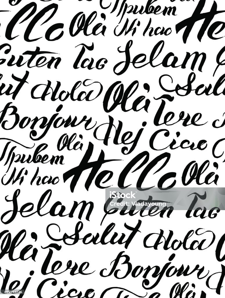 Foreign Language Lettering Vector Hand Lettering Text Hello Written On Different Languages Brushed ...